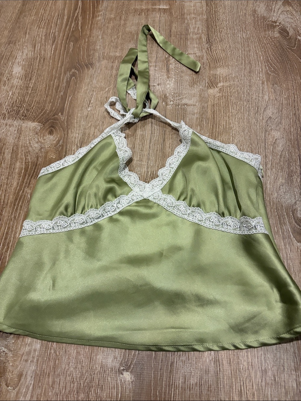 Princess Polly Olive Satin Halter Cami with White Lace